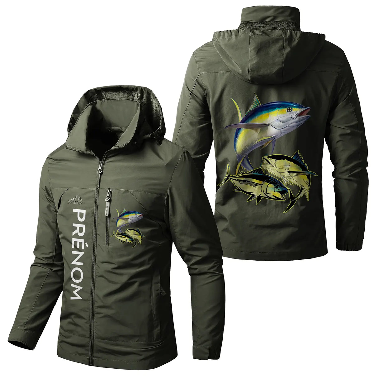 Veste imperméable coupe-vent pêche kaki avec capuche, motif thon pêcheur, prénom personnalisé