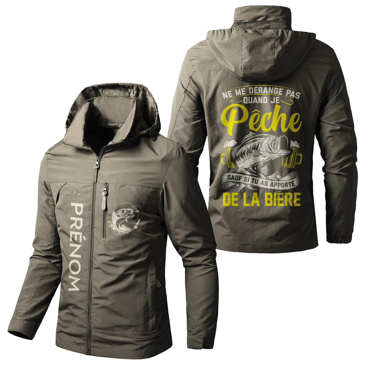 Veste imperméable coupe-vent pêche marine avec capuche, inscription humoristique pêcheur, prénom personnalisé
