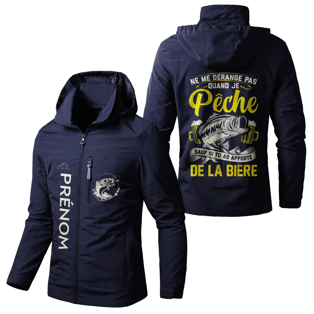 Veste imperméable coupe-vent pêche vert militaire avec capuche, slogan humour, prénom personnalisé