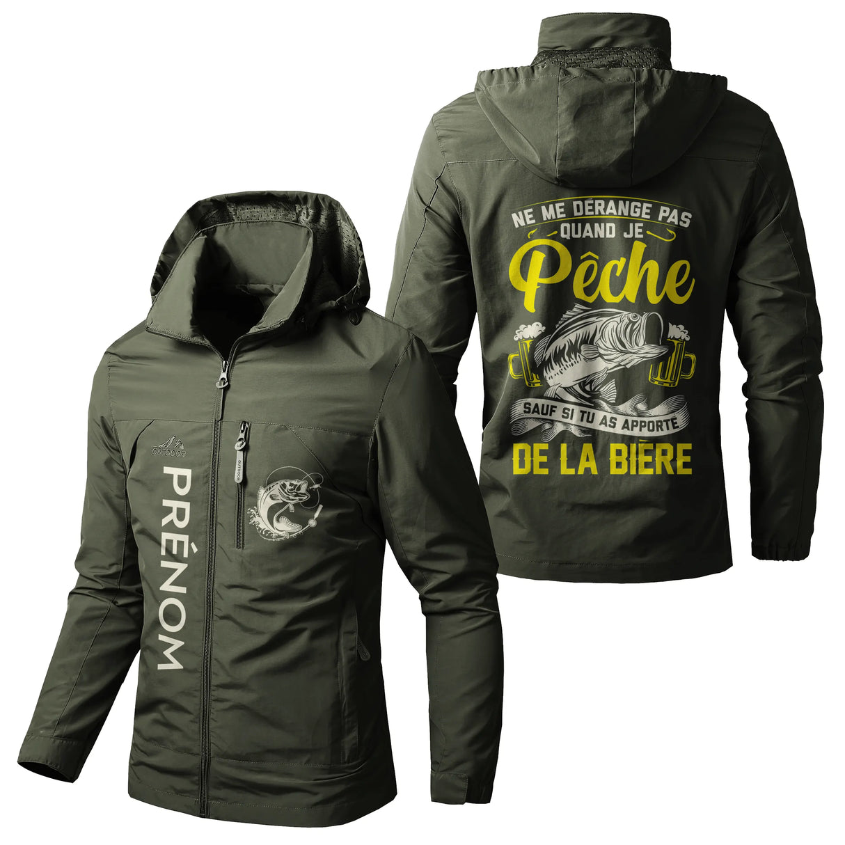 Veste imperméable coupe-vent pêche kaki avec capuche, message pêcheur humour, prénom personnalisé