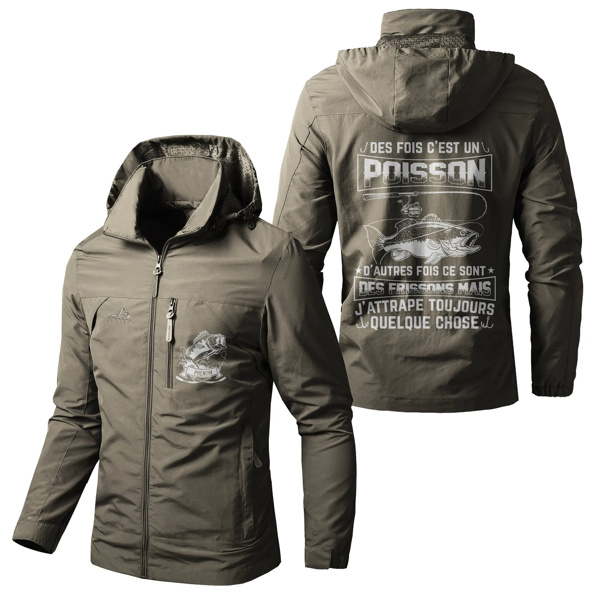 Veste imperméable coupe-vent pêche marine avec capuche, inscription humour pêcheur, prénom personnalisé