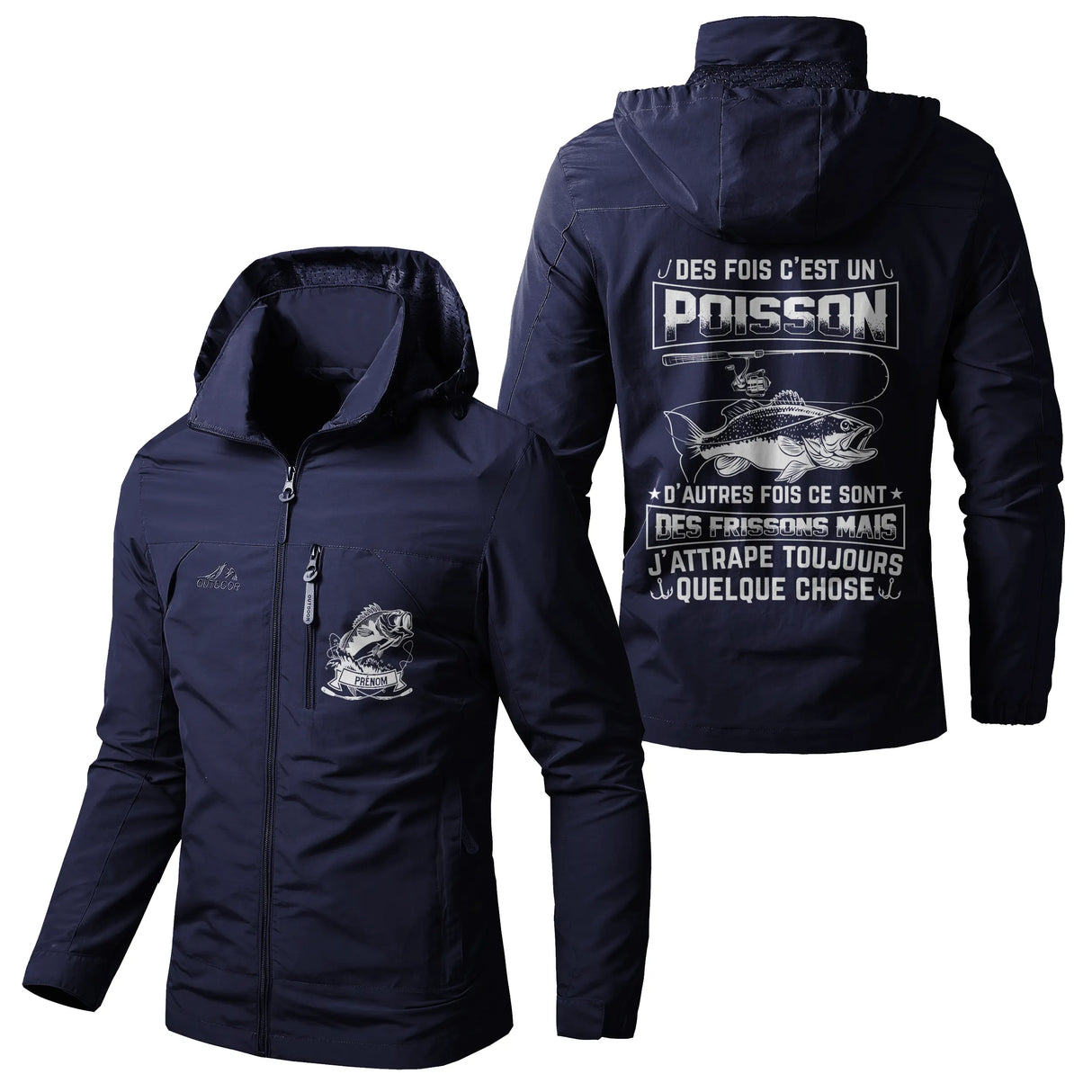 Veste imperméable coupe-vent pêche vert militaire avec capuche, message J'attrape, prénom personnalisé
