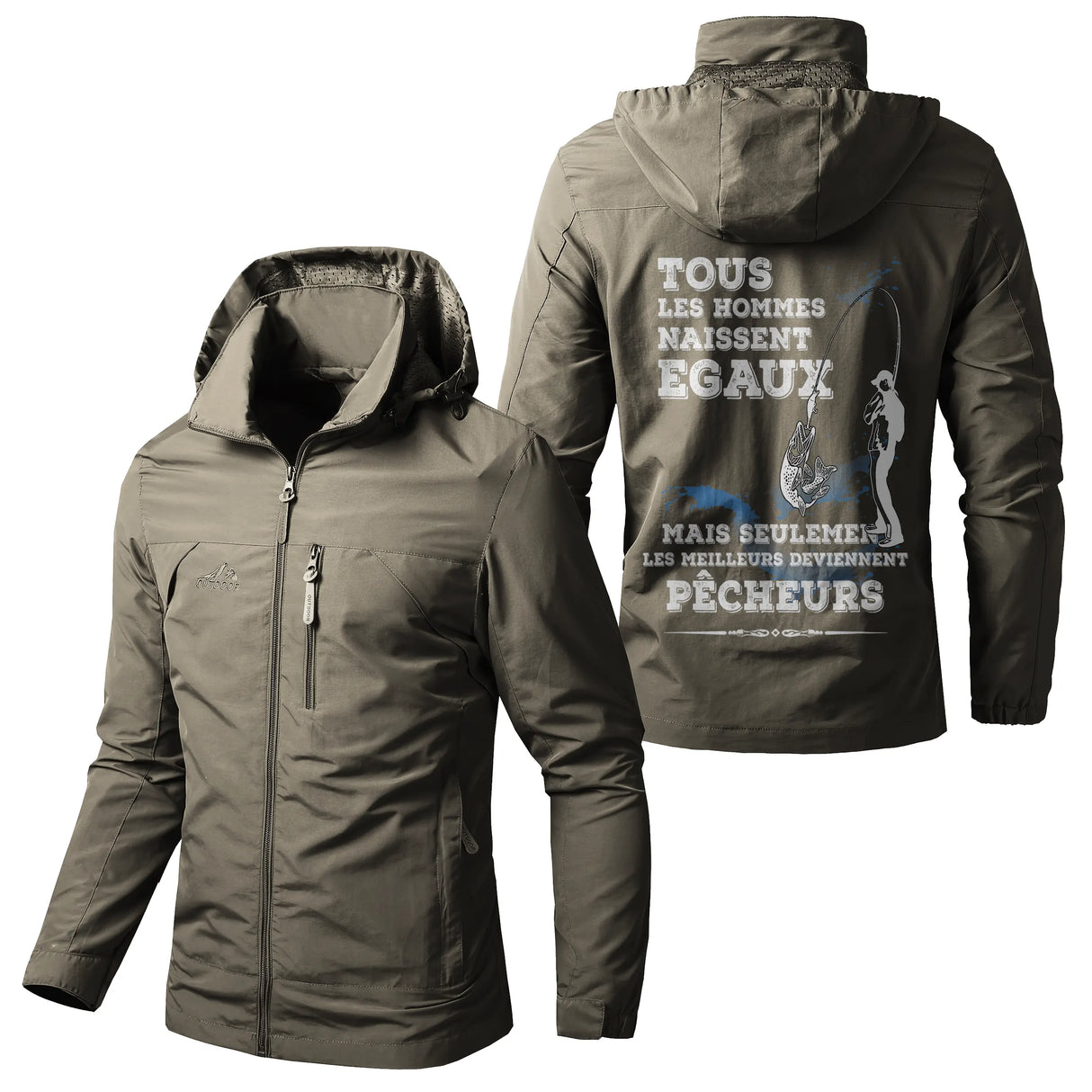 Veste imperméable pêche noire à capuche, slogan Tous les hommes naissent égaux, meilleurs devienne, prénom personnalisé