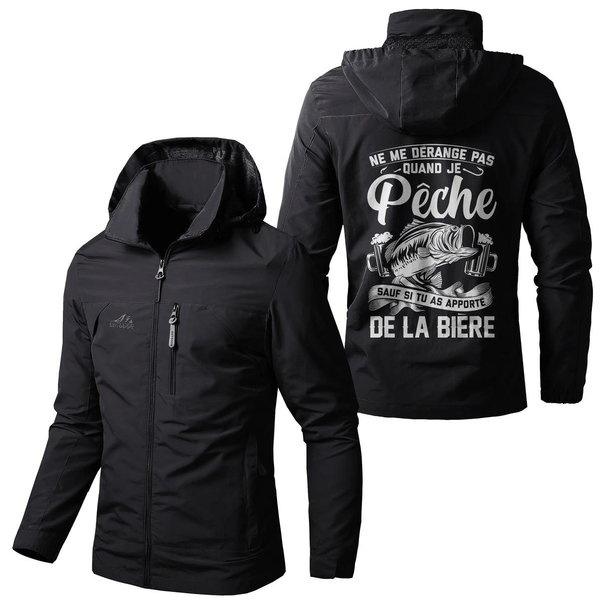 Veste imperméable pêche vert militaire à capuche, slogan Ne me dérange pas quand je pêche la bière, prénom personnalisé