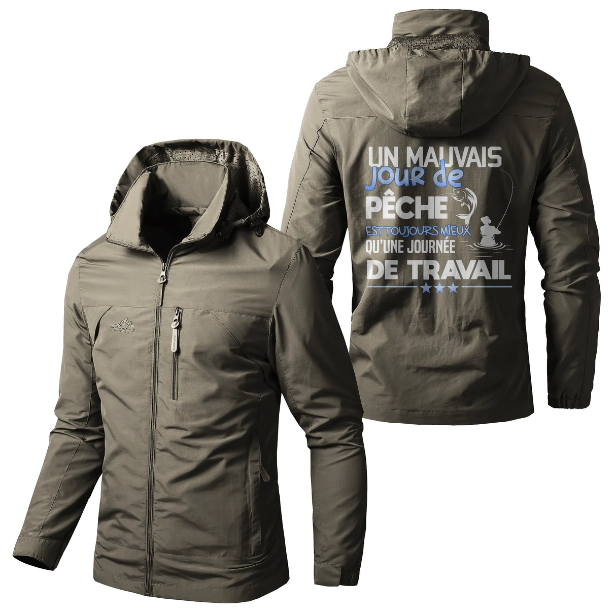 Veste imperméable pêche noire à capuche, slogan Un mauvais jour de pêche mieux qu'une journée de t, prénom personnalisé