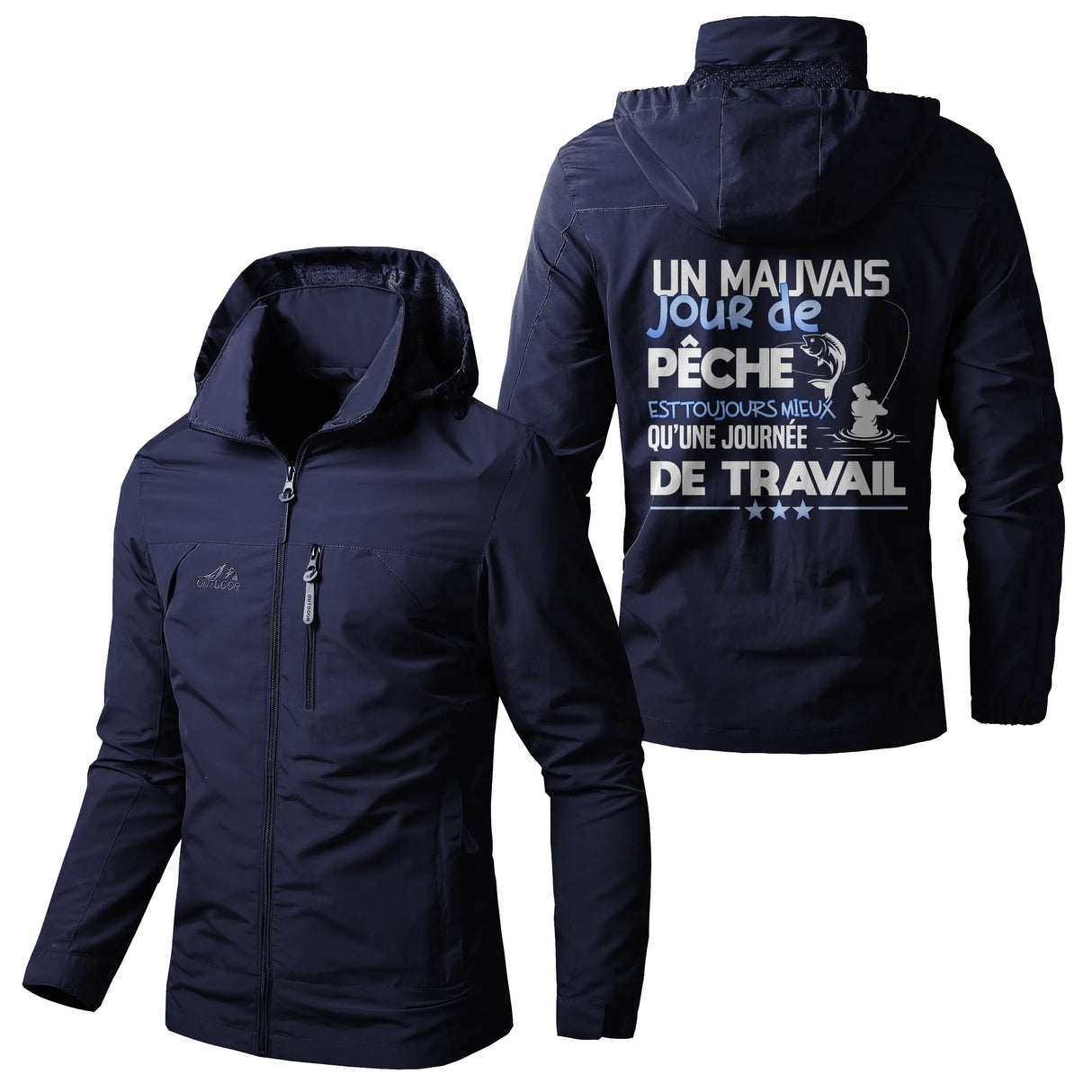 Veste imperméable pêche kaki à capuche, slogan Un mauvais jour de pêche mieux qu'une journée de t, prénom personnalisé