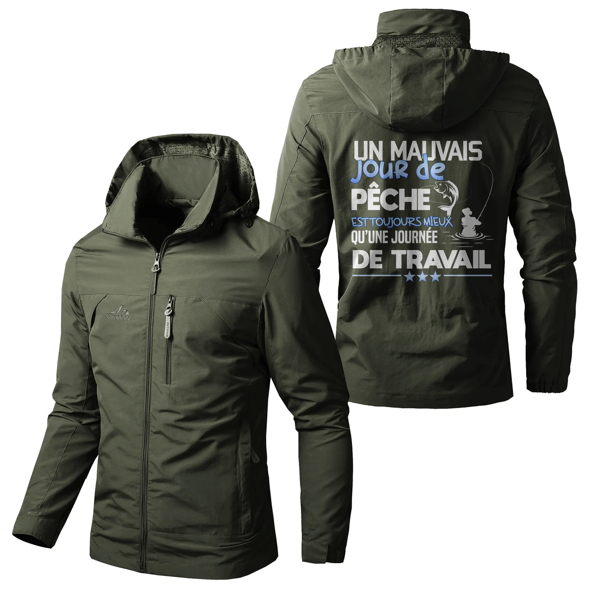 Veste imperméable pêche marine à capuche, slogan Un mauvais jour de pêche mieux qu'une journée de t, prénom personnalisé