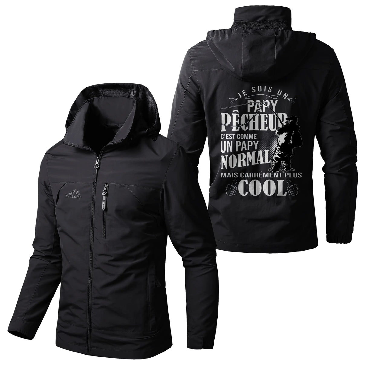 Veste imperméable pêche vert militaire à capuche, slogan Papy Pêcheur cool canne petite illustration, prénom personnalisé