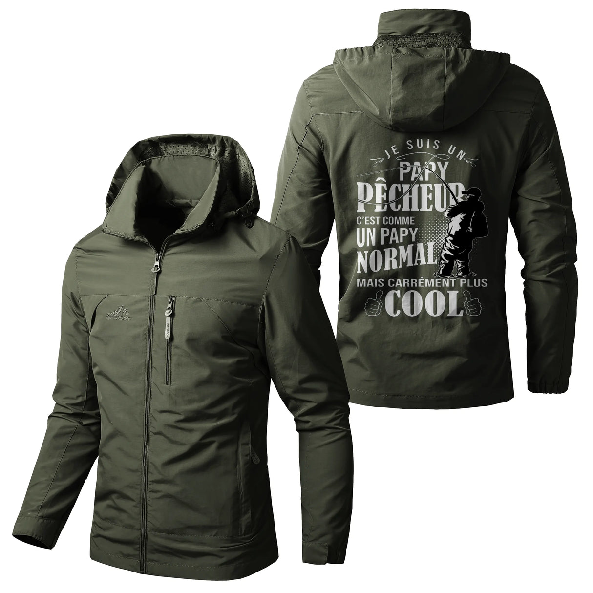 Veste imperméable pêche marine à capuche, slogan Papy Pêcheur cool canne petite illustration, prénom personnalisé