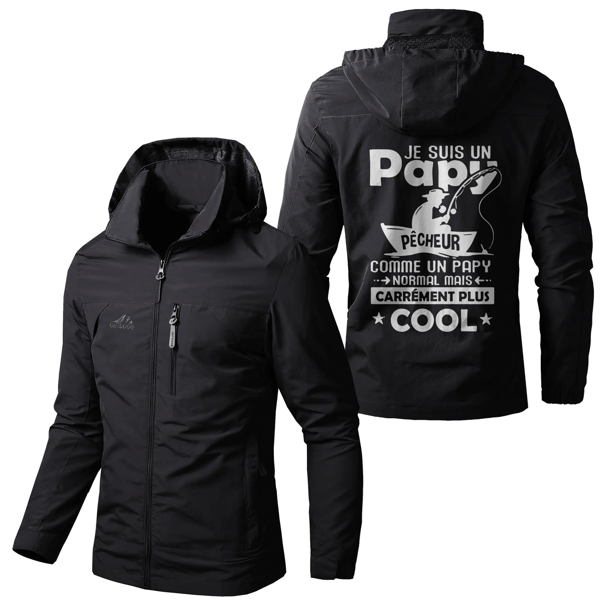 Veste imperméable pêche vert militaire à capuche, slogan Papy Pêcheur cool canne grande illustration, prénom personnalisé