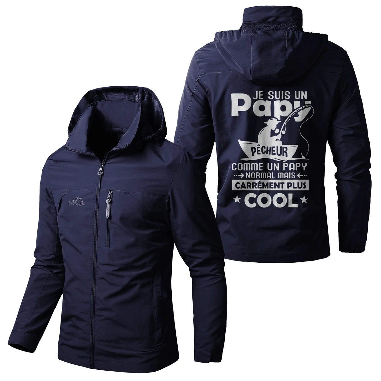Veste imperméable pêche kaki à capuche, slogan Papy Pêcheur cool canne grande illustration, prénom personnalisé