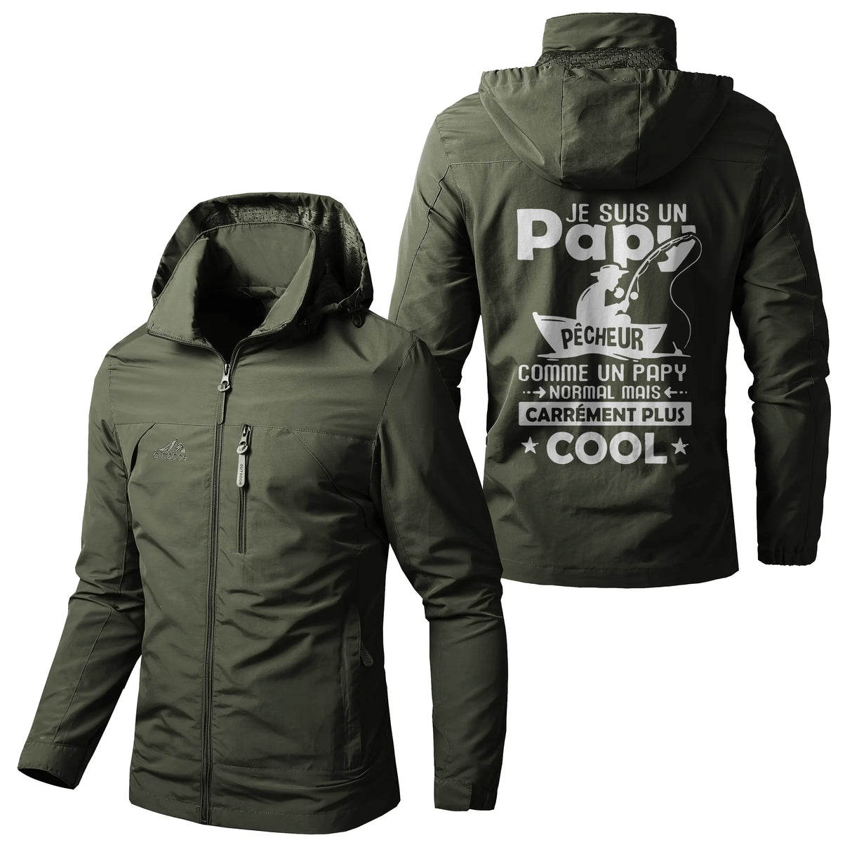 Veste imperméable pêche marine à capuche, slogan Papy Pêcheur cool canne grande illustration, prénom personnalisé