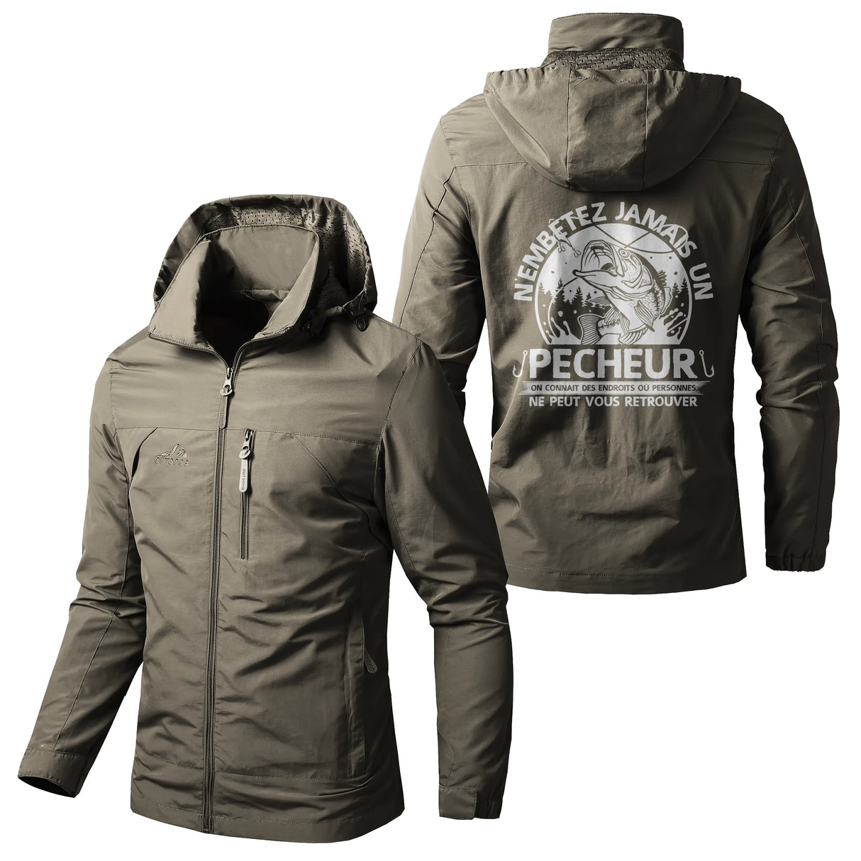 Veste imperméable pêche noire à capuche, slogan N'embêtez jamais un pêcheur, prénom personnalisé