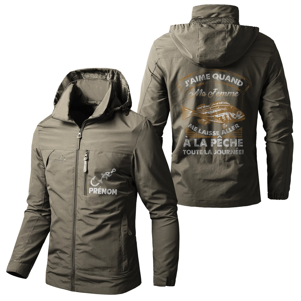 Veste pêche noire à capuche, slogan J'aime ma femme me laisse aller à la pêche, prénom personnalisé