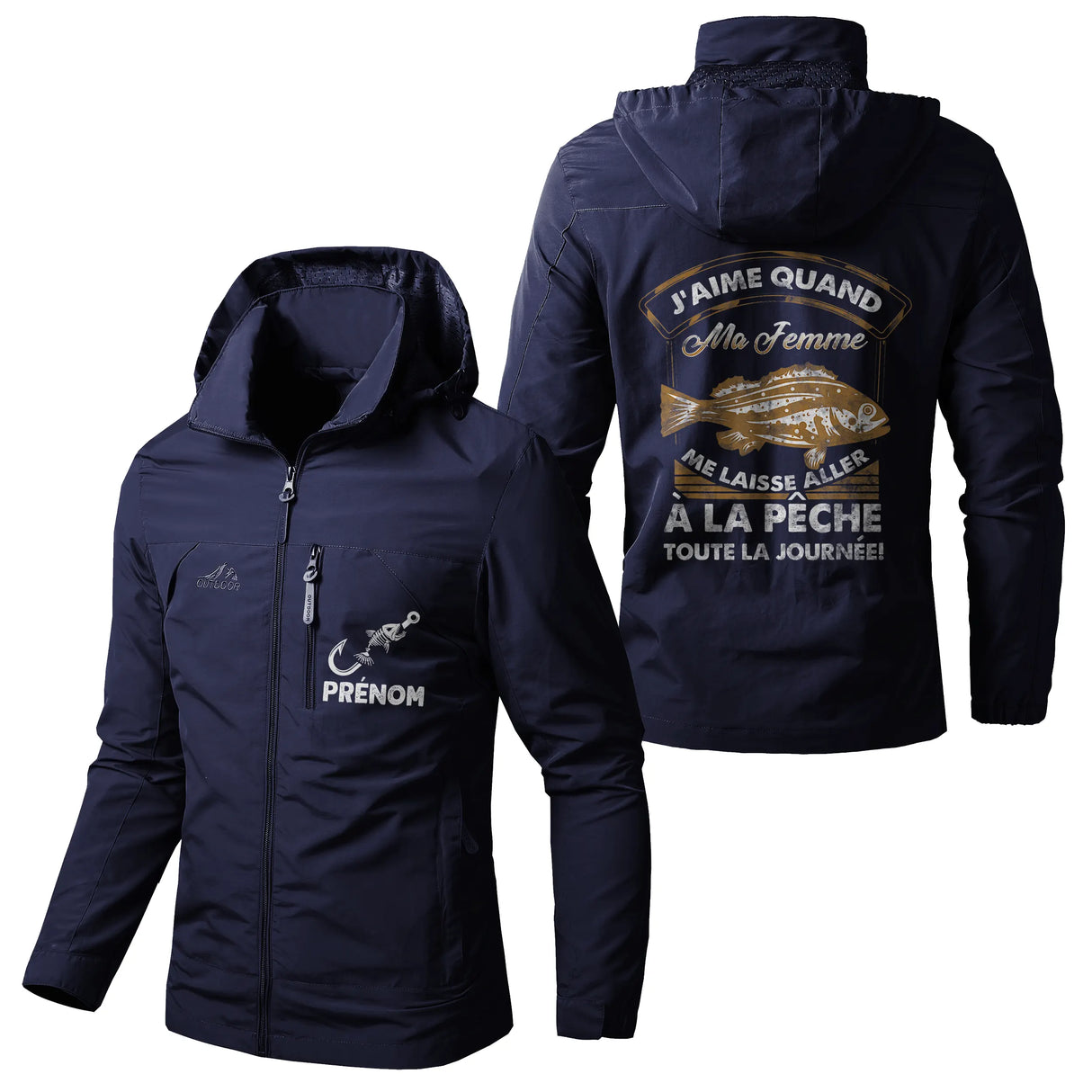 Veste pêche kaki à capuche, slogan femme laisse pêche journée et poisson, prénom personnalisé