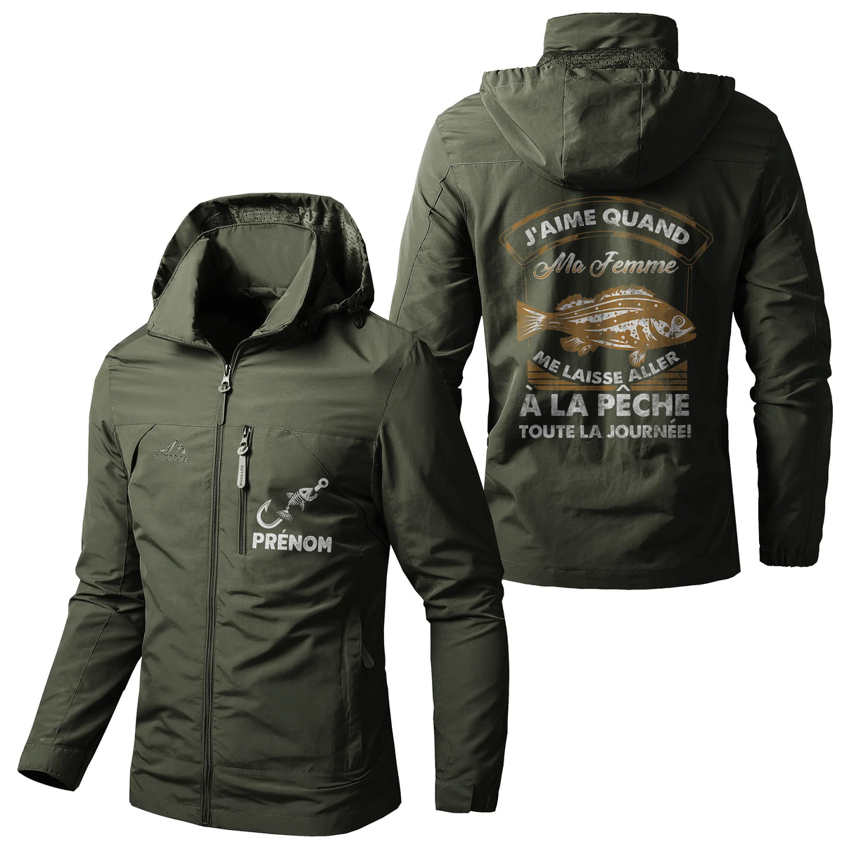 Veste pêche marine à capuche, slogan femme laisse aller pêche et poisson, prénom personnalisé