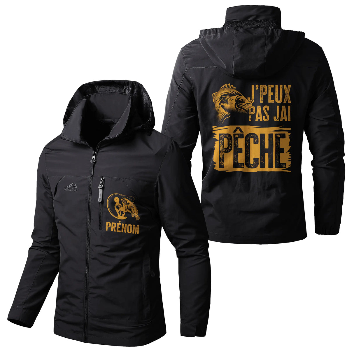 Veste pêche vert militaire à capuche, slogan J'peux pas j'ai pêche et poisson doré, prénom personnalisé