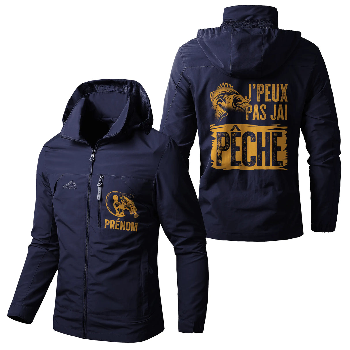 Veste pêche kaki à capuche, slogan J'peux pas j'ai pêche, poisson, prénom personnalisé