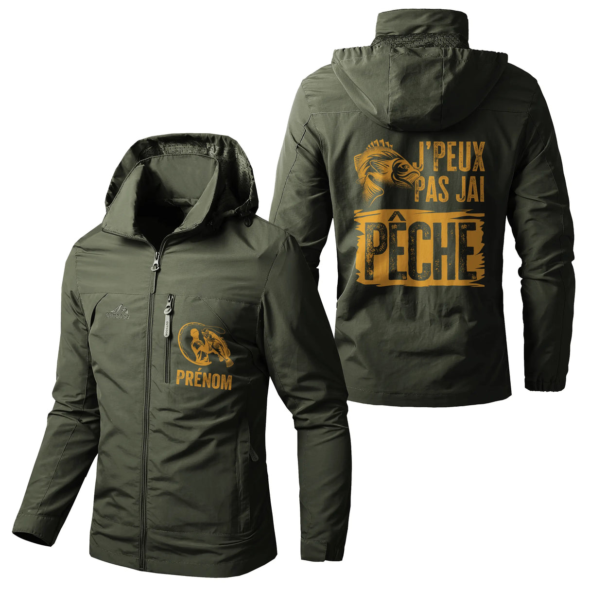 Veste pêche marine à capuche, slogan J'peux pas j'ai pêche, poisson, prénom personnalisé