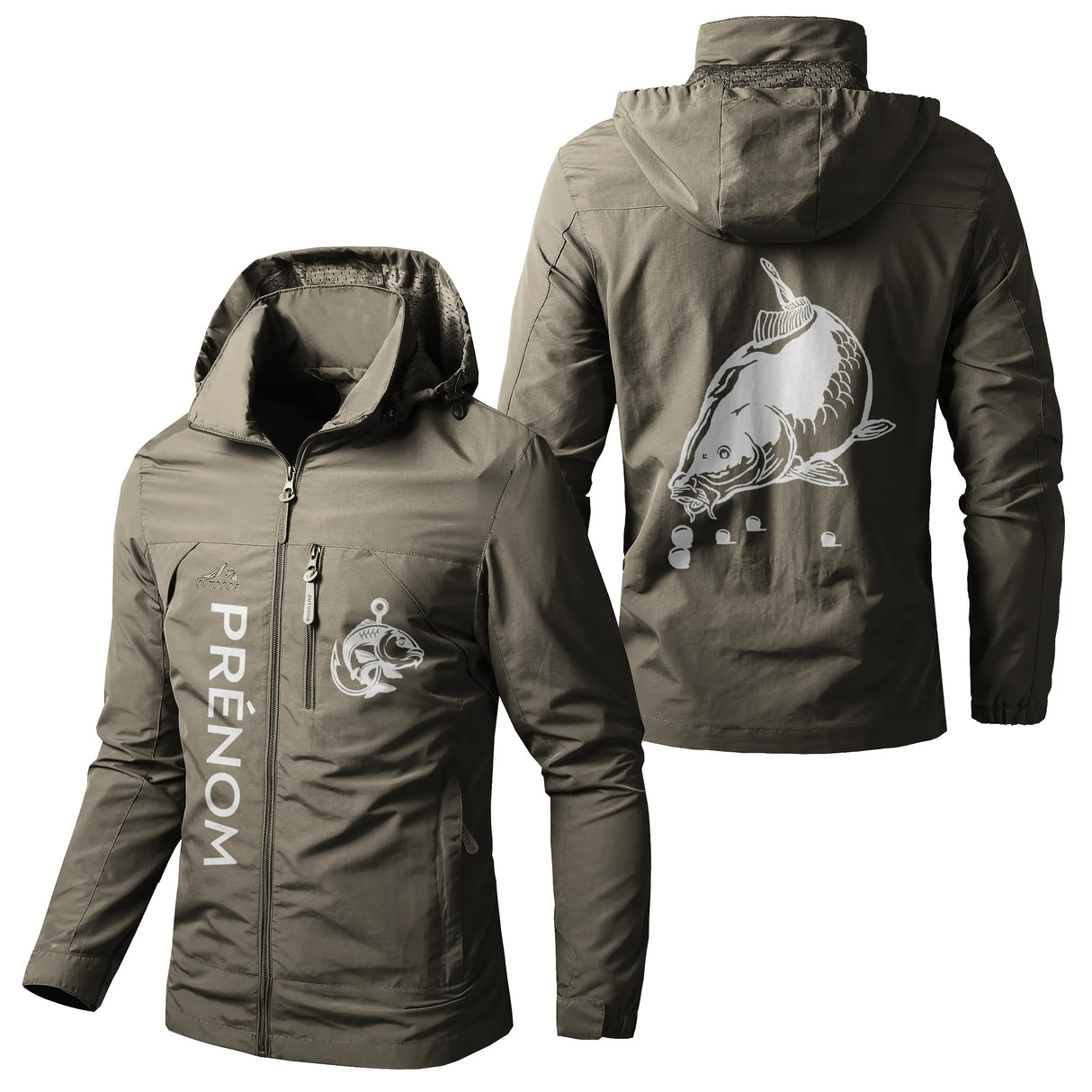 Veste pêche kaki à capuche, illustration grande carpe carpiste, prénom personnalisé