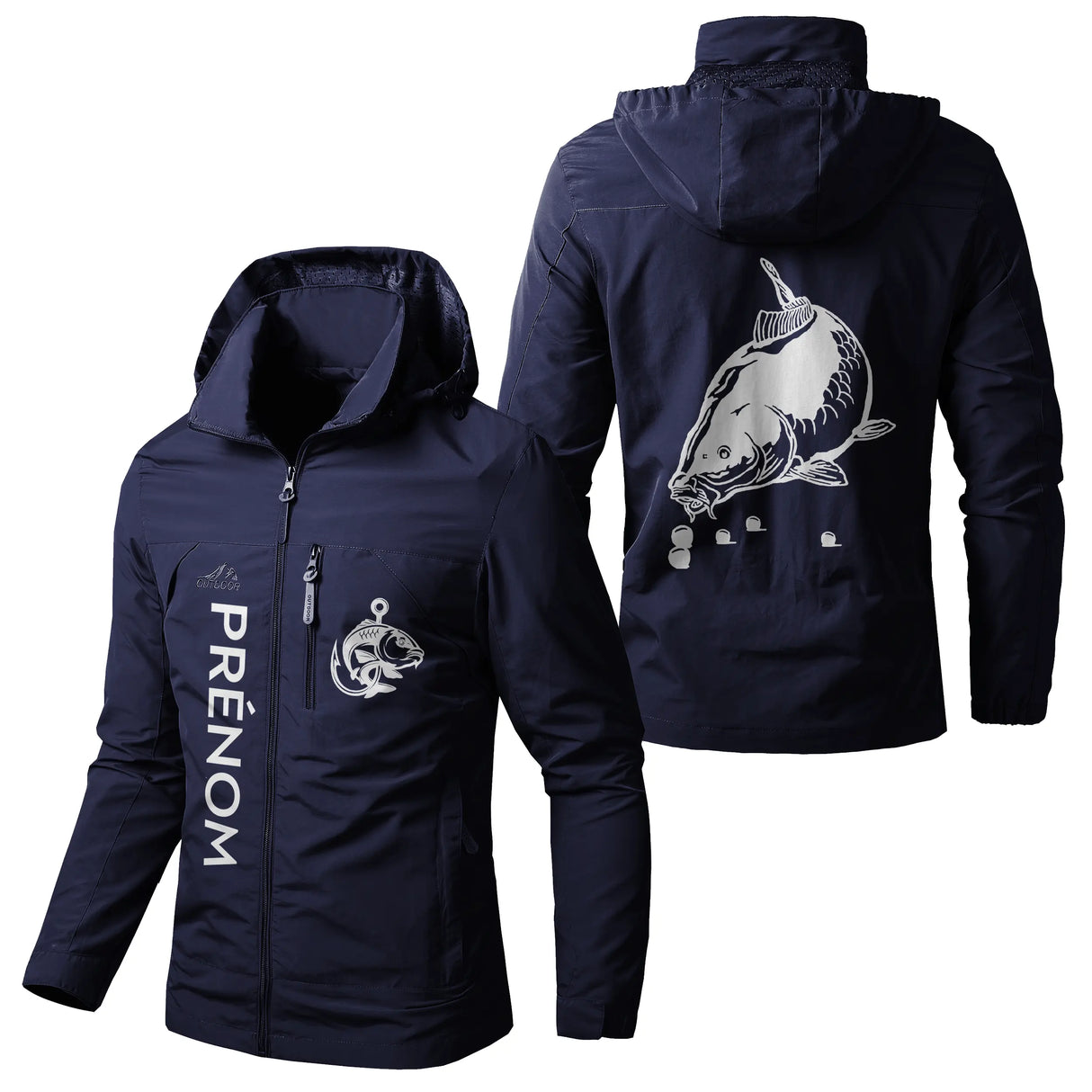 Veste pêche marine à capuche, illustration carpe et inscription Carpiste, prénom personnalisé