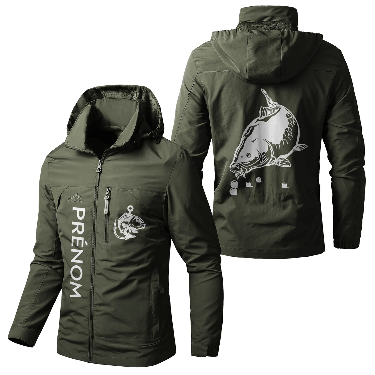 Veste pêche vert militaire à capuche, illustration grande carpe et écusson Carpiste, prénom personnalisé