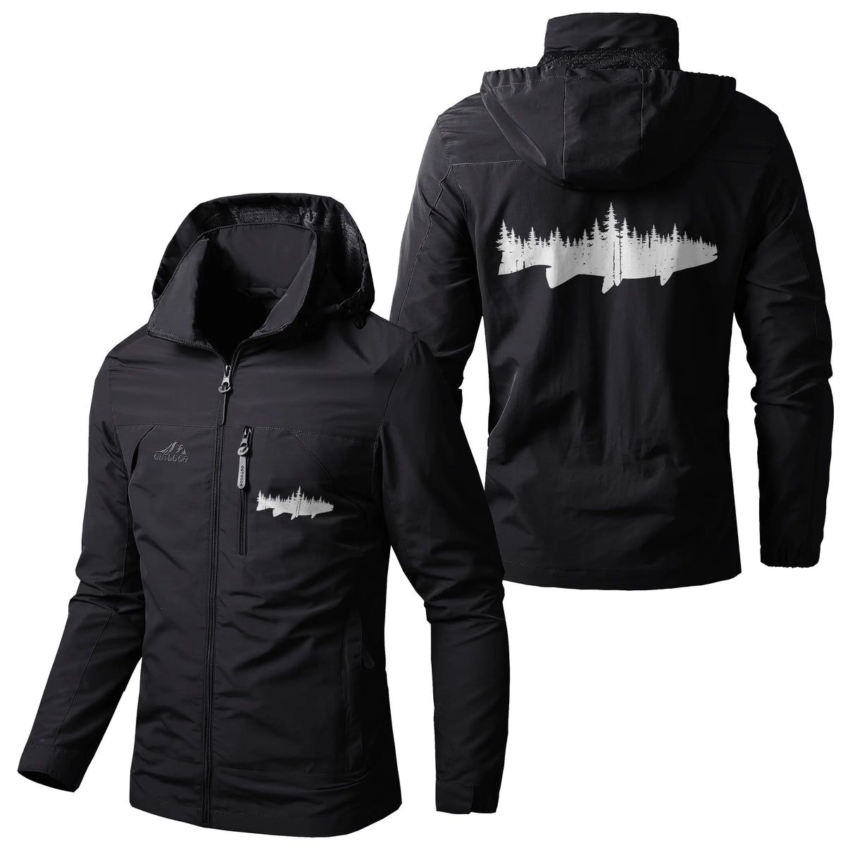 Veste pêche noire à capuche, illustration poisson passion artistique