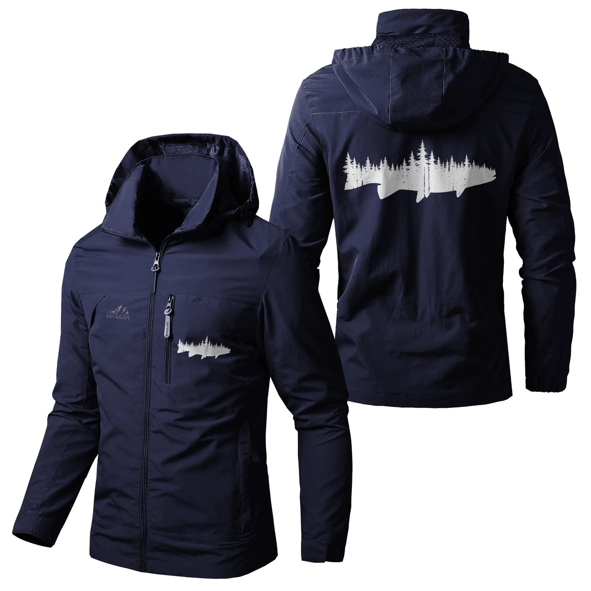 Veste pêche marine à capuche, motif poisson passion stylisé