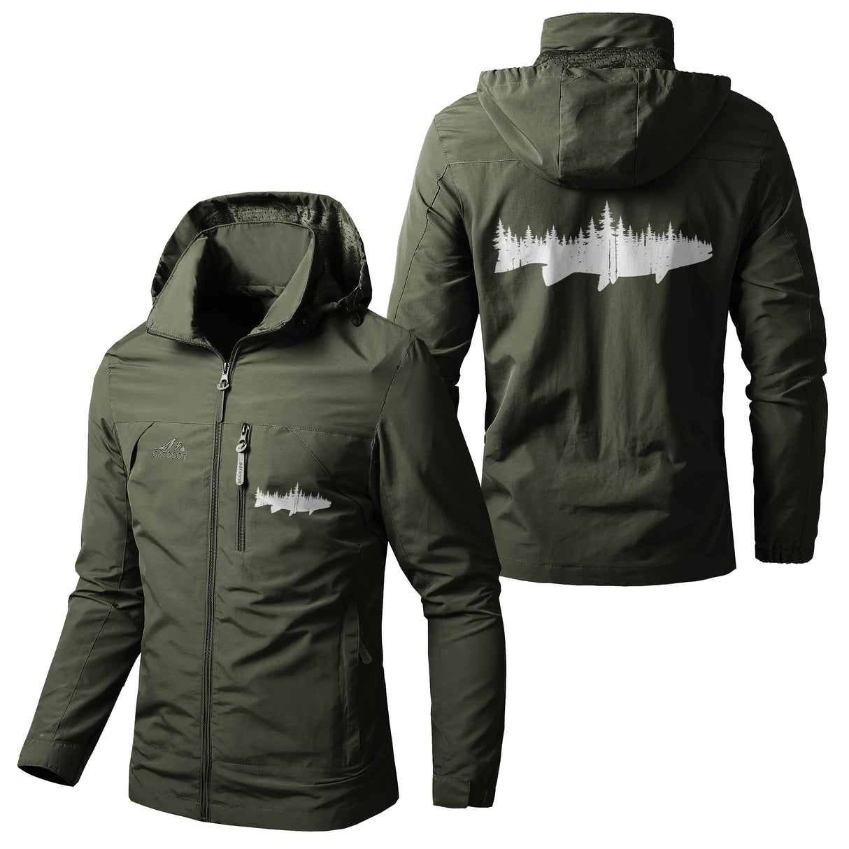 Veste pêche vert militaire à capuche, motif poisson passion stylisé en relief
