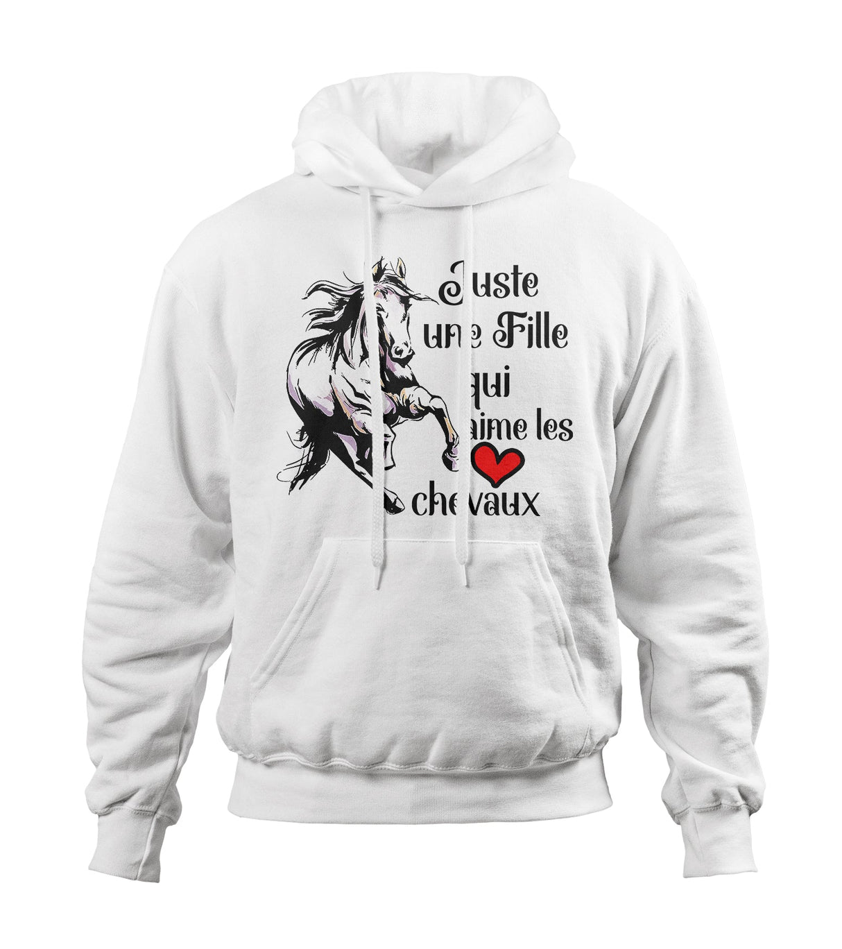 Sweat capuche cheval femme blanc motif cheval cabré encré en noir citation Juste une fille qui aime les chevaux