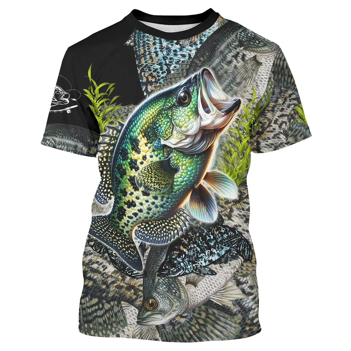 T-shirt all-over peau du crapet poisson-soleil multicolore vert bleu orange écailles photoréalistes, vue de face