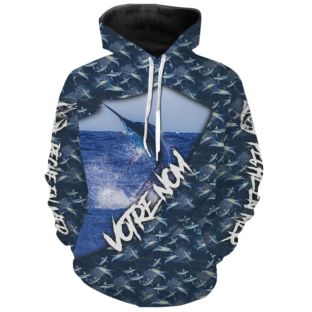 Sweat à capuche all-over pêche marlin bleu camouflage marin prénom personnalisé