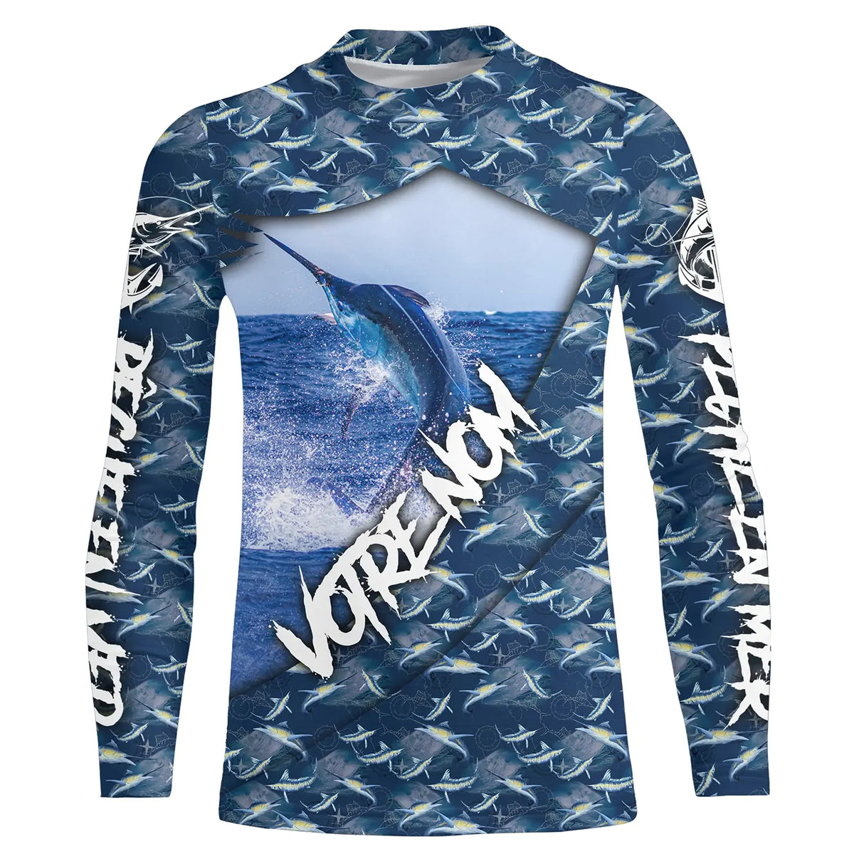 T-shirt all-over pêche marlin bleu prénom personnalisé vue dos camouflage marin