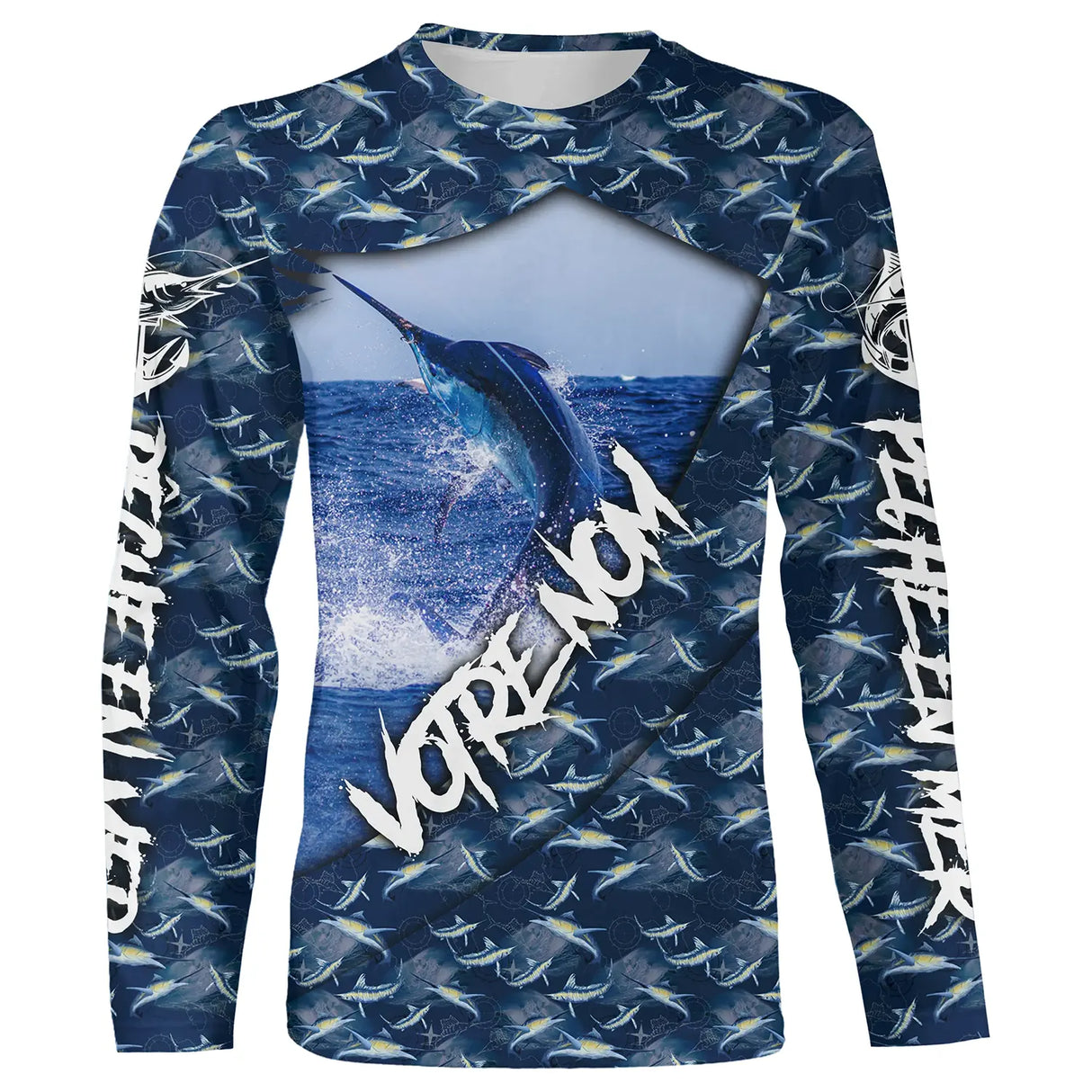 T-shirt manches longues all-over pêche marlin bleu camouflage marin prénom personnalisé