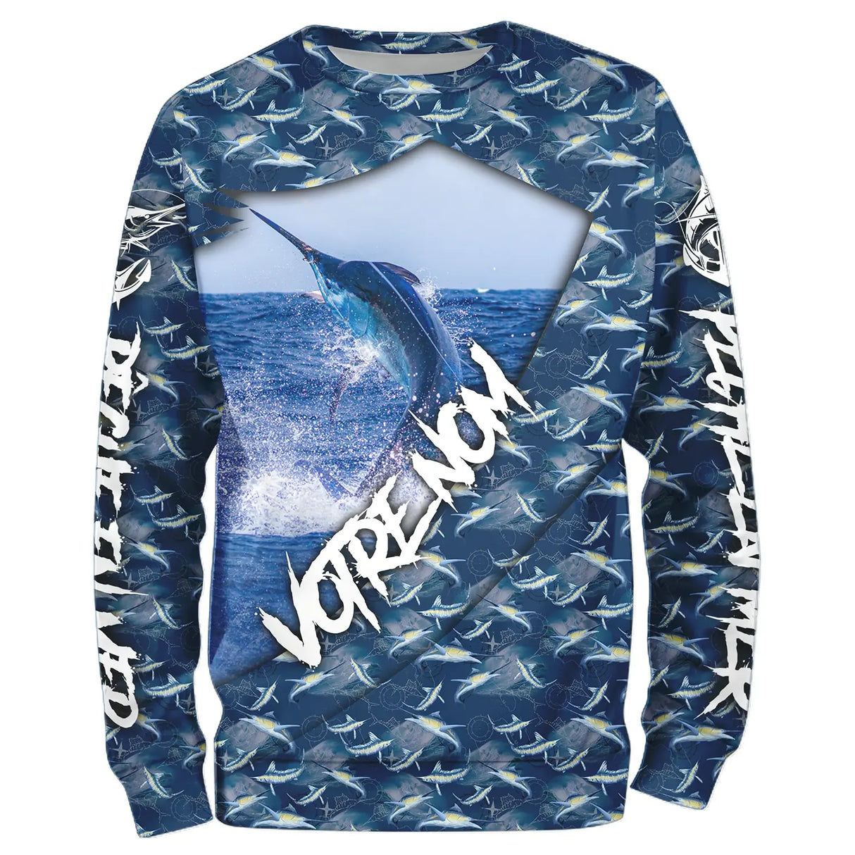 Sweater all-over pêche marlin bleu en saut prénom personnalisé big game fishing