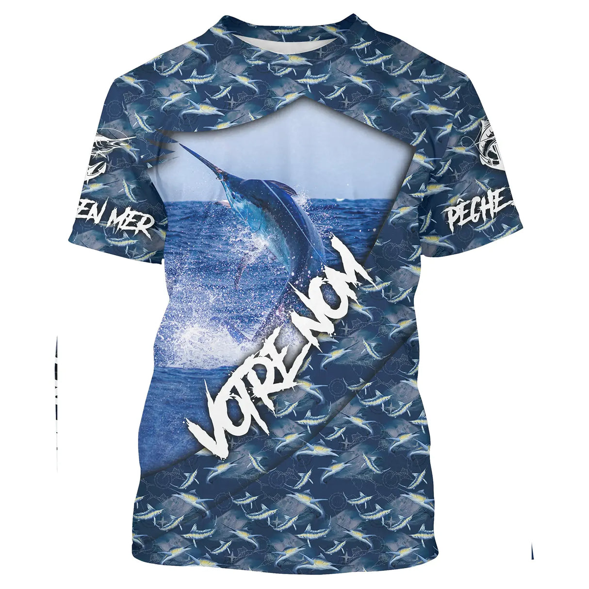 T-shirt all-over pêche marlin bleu en saut camouflage marin prénom personnalisé EN MER PÊCHE, vue de face