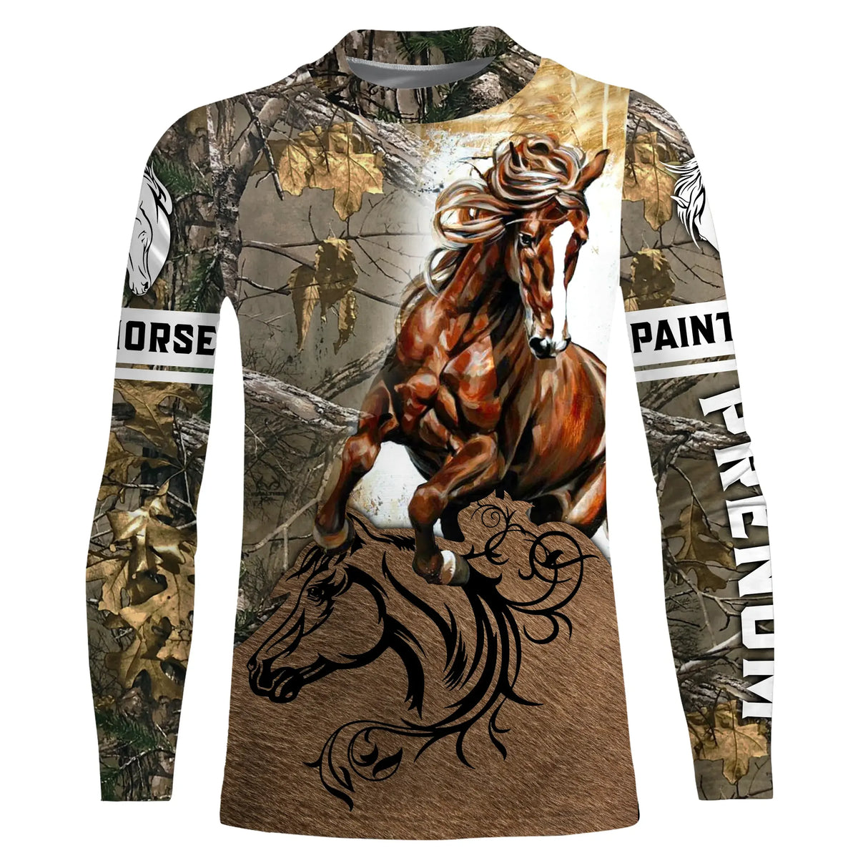 Manches longues anti-UV Paint Horse camouflage forêt feuillage Paint Horse en mouvement