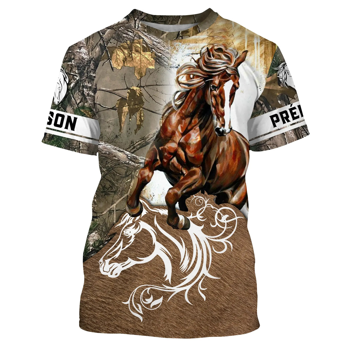 T-shirt cheval Paint Horse personnalisé all-over camouflage forêt avec Paint Horse marron au trot et silhouette blanche