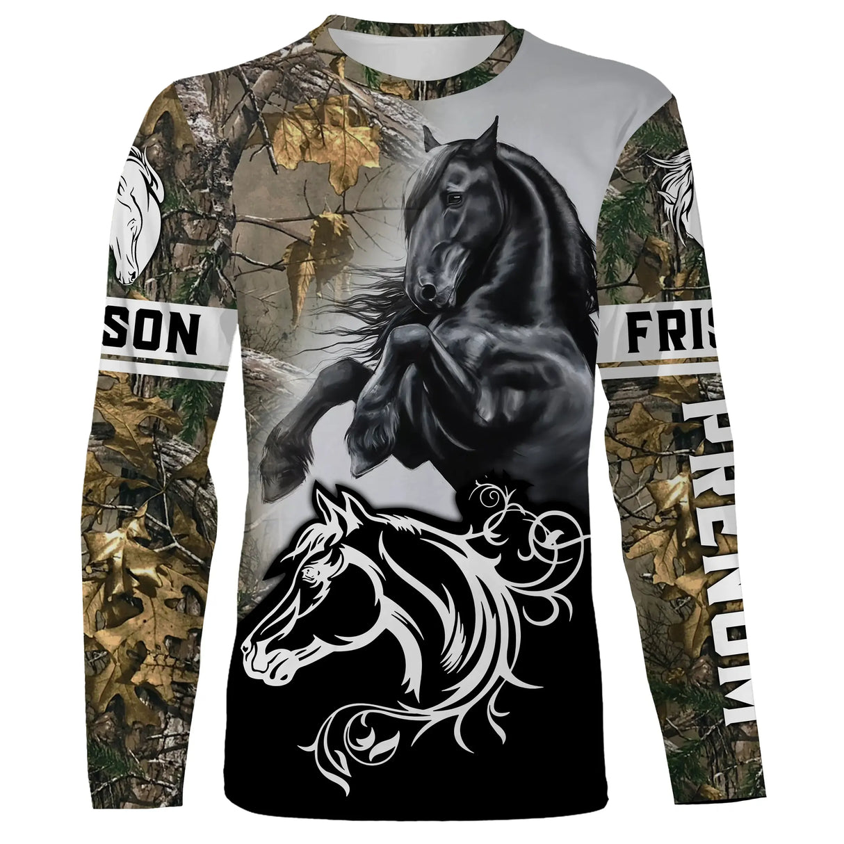 Manches longues Frison camouflage forêt feuillage frison noir au galop silhouette blanche all-over