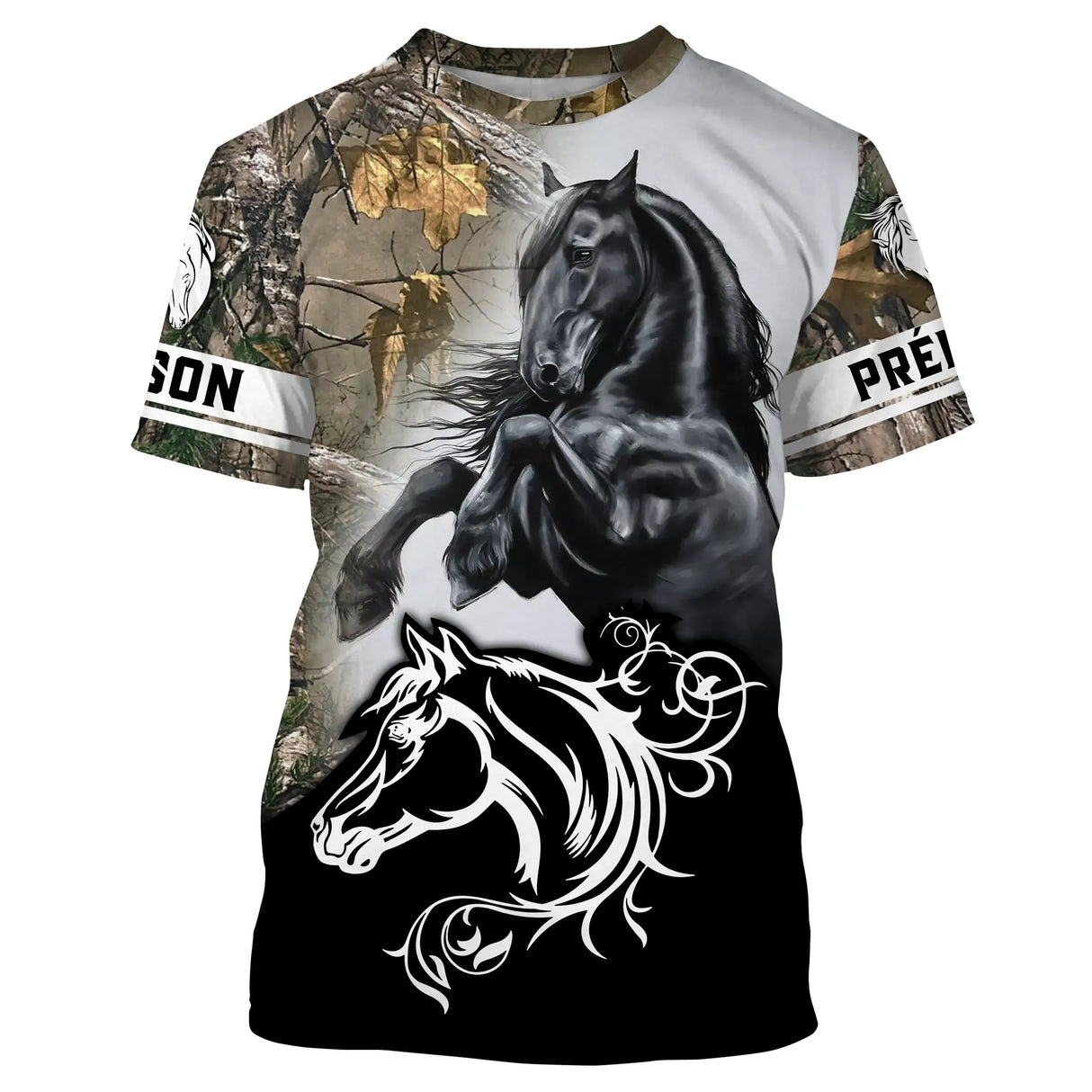 T-shirt cheval Frison personnalisé all-over camouflage forêt avec frison noir au galop et silhouette blanche