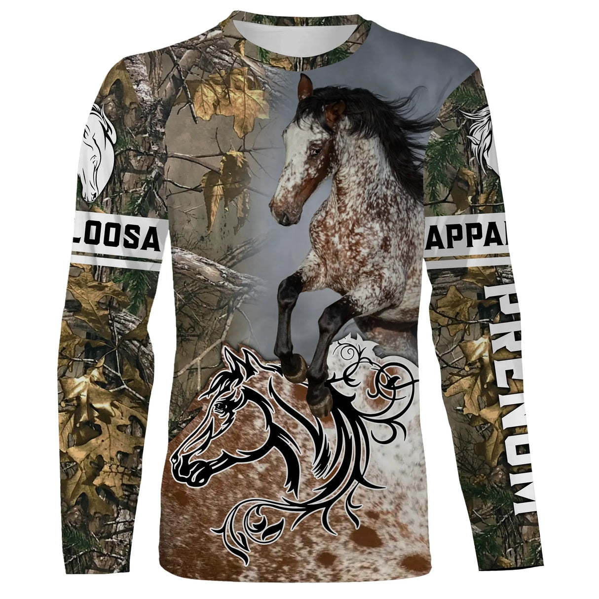 Manches longues Appaloosa camouflage forêt feuillage Appaloosa cabrée silhouette blanche all-over