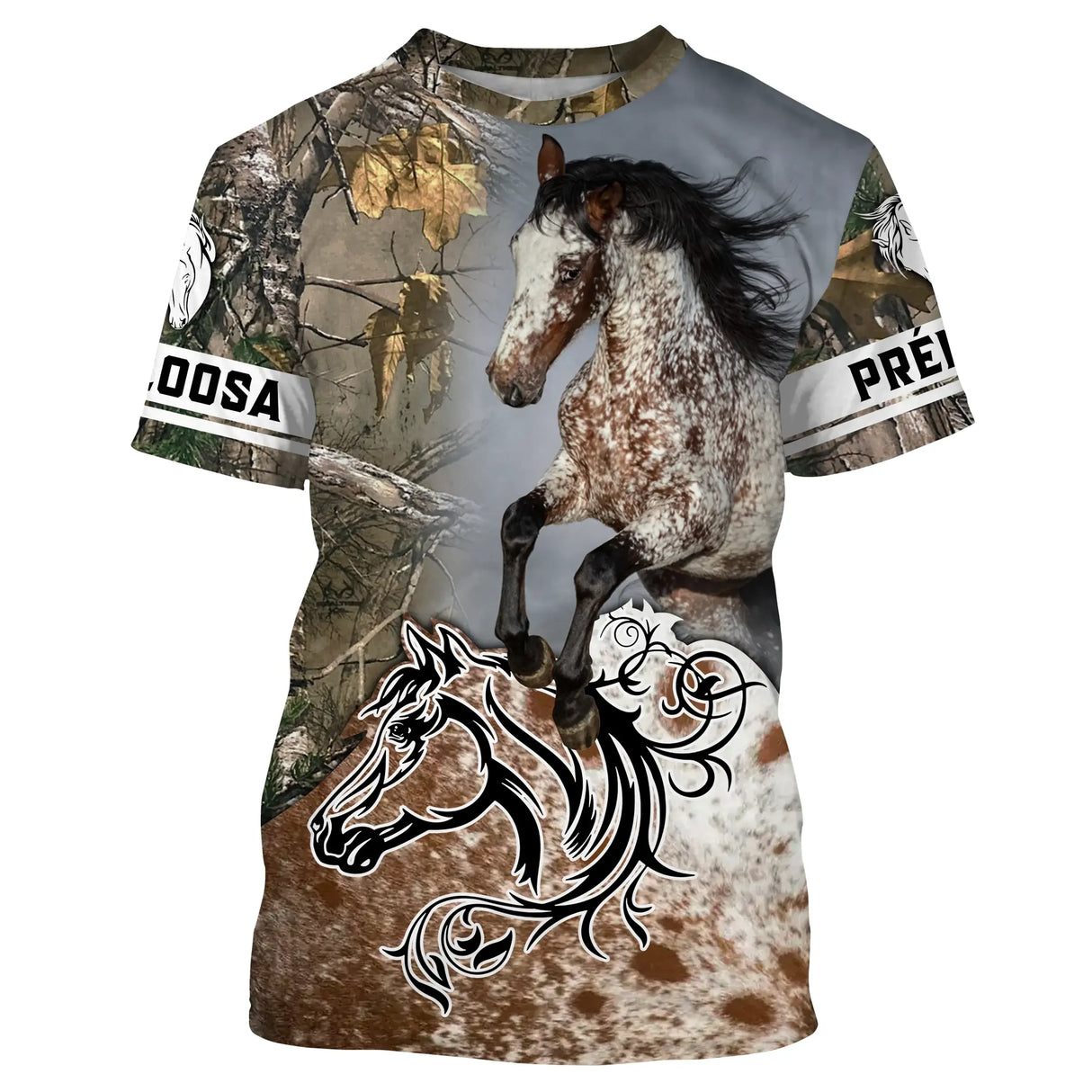 T-shirt cheval Appaloosa personnalisé all-over camouflage forêt avec Appaloosa cabrée et silhouette blanche