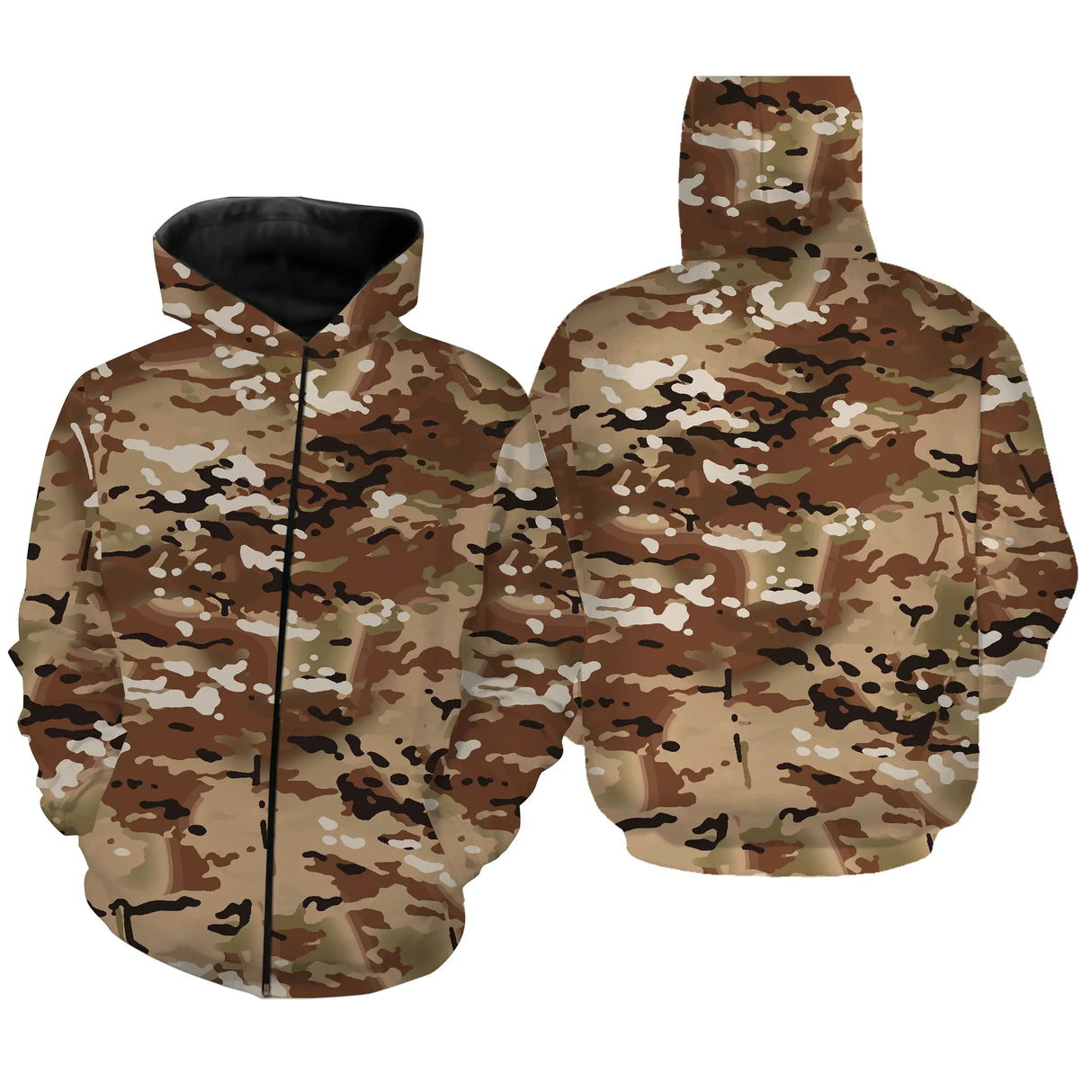 Sweat zippé all-over camouflage désert brun et sable coupe unisexe