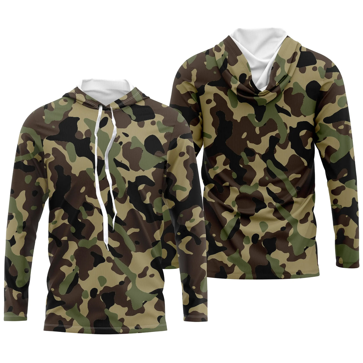 Hoodie capuche anti-UV camouflage forêt vert kaki olive noir pour pêcheurs et chasseurs