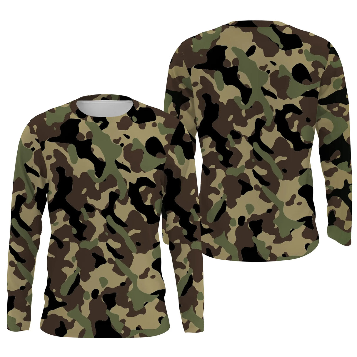 Manches longues anti-UV camouflage forêt vert kaki et brun olive all-over outdoor
