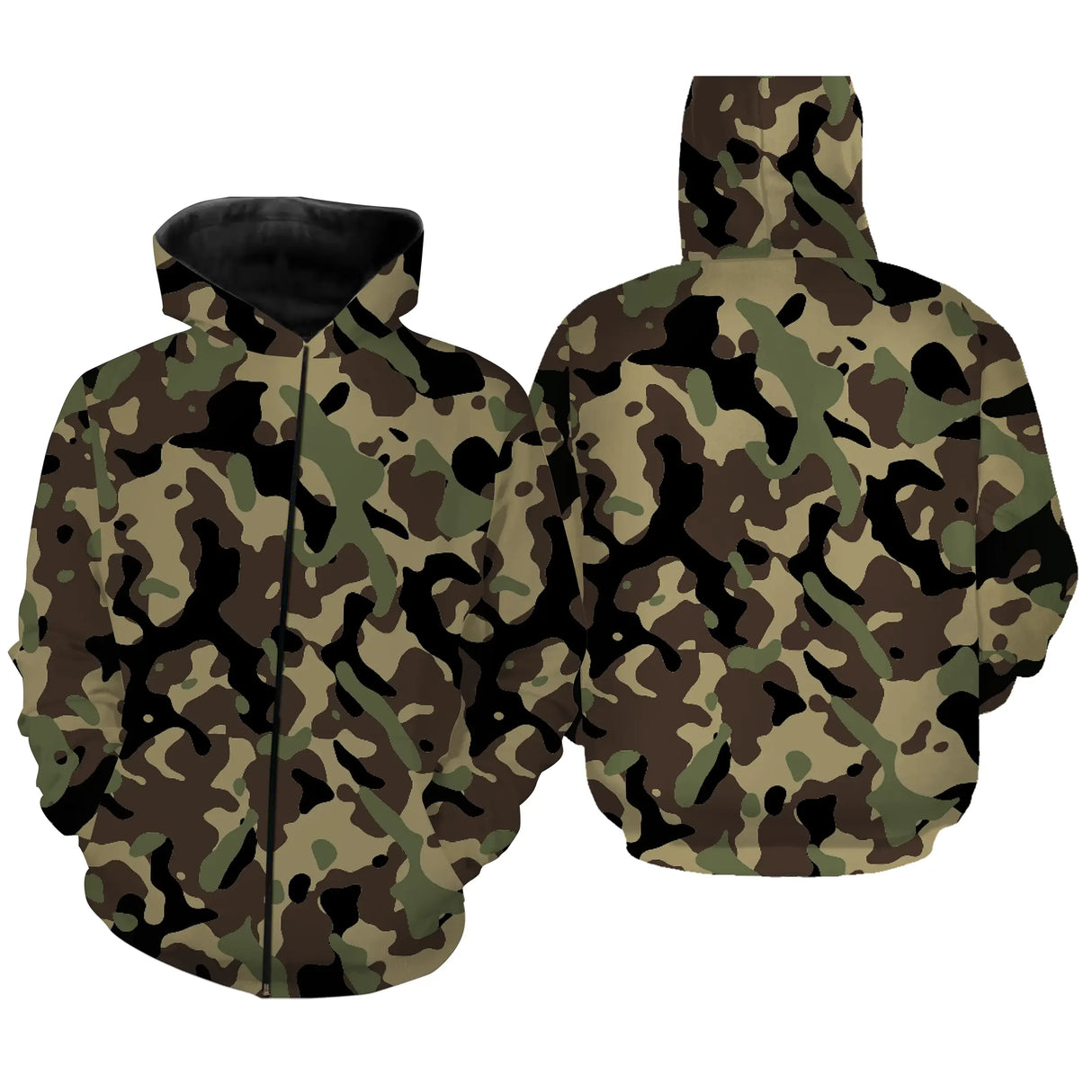 Sweat zippé all-over camouflage forêt vert kaki coupe unisexe