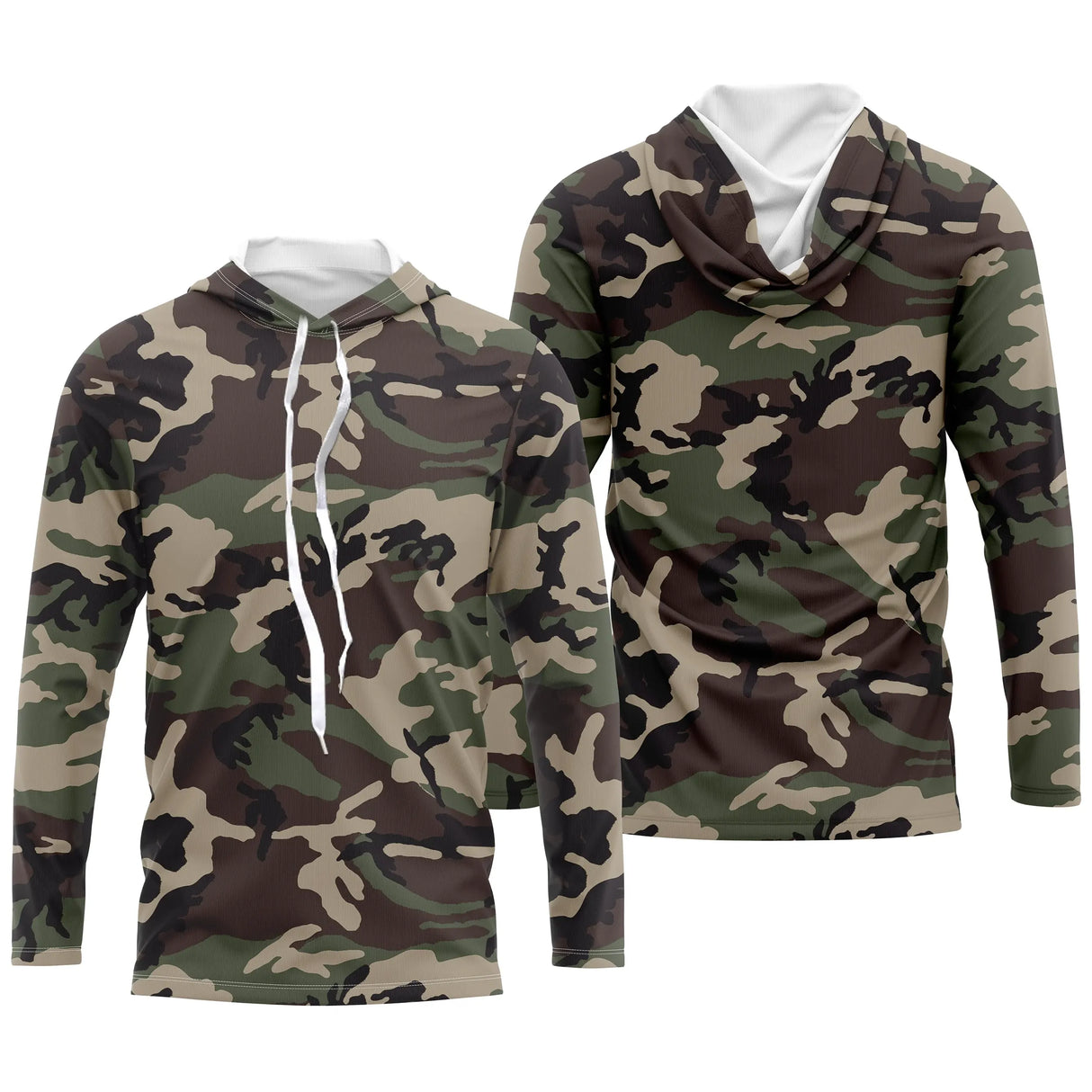 Hoodie capuche anti-UV camouflage Woodland vert kaki brun foncé et noir pour pêcheurs chasseurs