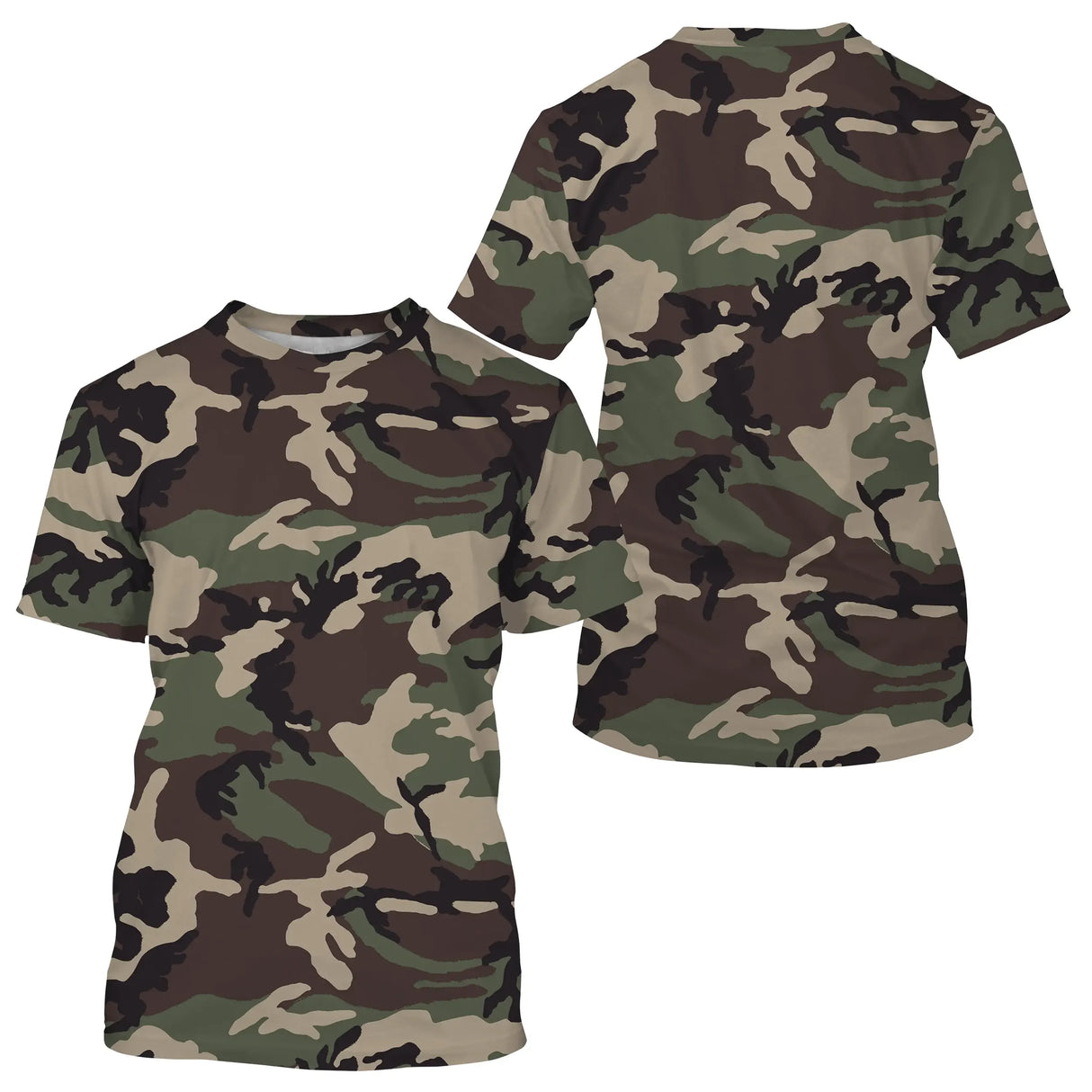T-shirt all-over camouflage Woodland vert kaki brun et noir coupe unisexe chasse pêche