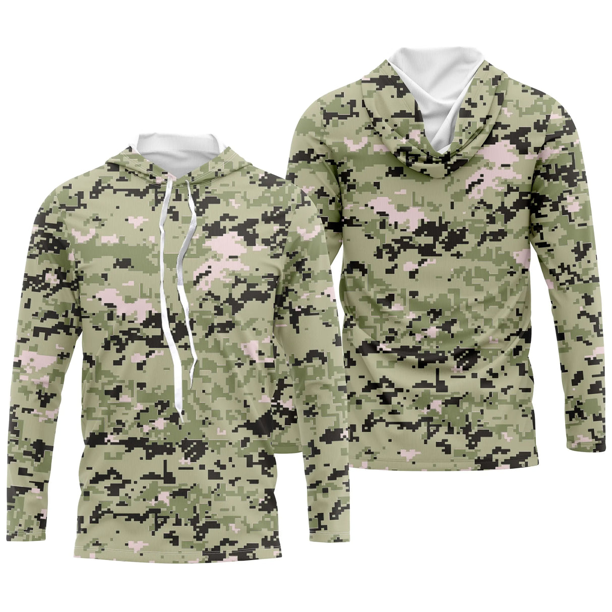 Hoodie capuche anti-UV camouflage digital pixelisé vert clair sauge avec touches roses et noires