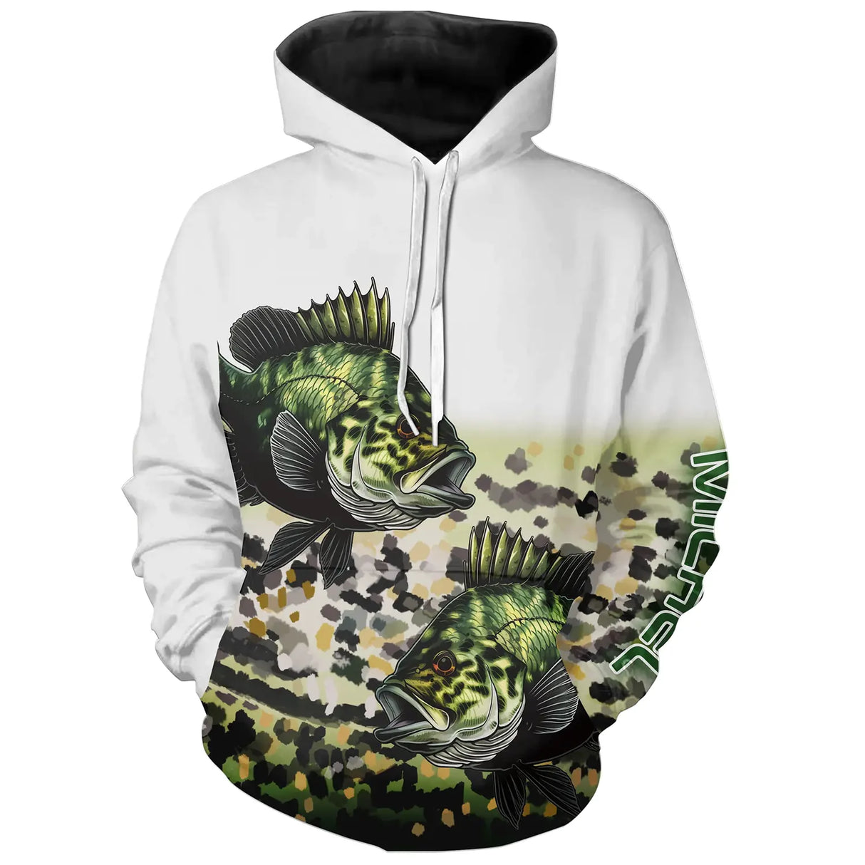Sweat à capuche pêche crapet de roche, double illustration crapet vert et bande camo, vêtement chaud pour pêcheur étang